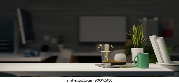 Copy Space For Product Display On Office Desk In Modern Dark Office Room. Workplace Or Workspace Concept. 3d Rendering, 3d Illustration