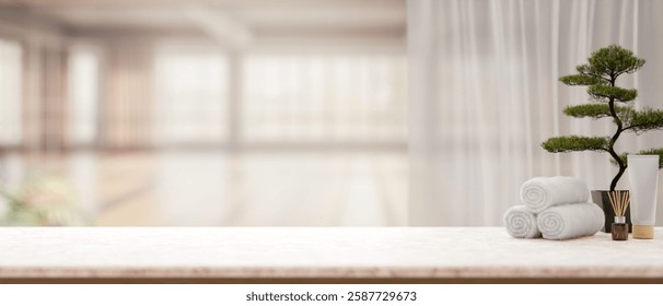 the copy space of white marble table with spa essentials and bonsai pot with blurry background of bright room. 3d render, 3d illustration.