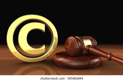 Copyright intellectual property and digital copyright laws conceptual illustration with symbol and icon and a gavel on black background.