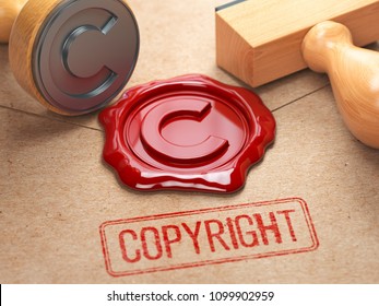 Copyright rubber stamp  and sealing wax stamrp on the craft peper.  Intellectual property and copyright concept. 3d illustration