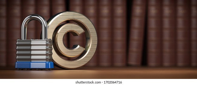 Copyright symbol with padlock on law books background. Intellectual property protection concept. 3d illustration
