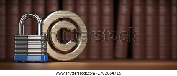 Copyright symbol with\
padlock on law books background. Intellectual property protection\
concept. 3d\
illustration