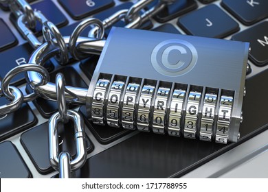 Copyright text on code padlock on computer keyboard. Intellectual property protection concept. 3d illustration