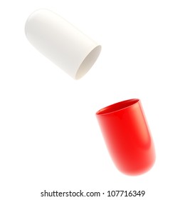 Copyspace medicine capsule pill case opened in two glossy halfs red and white isolated