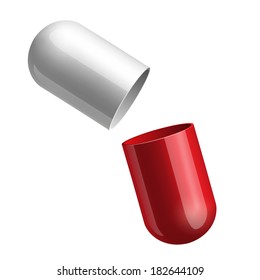 Copyspace medicine capsule pill case opened in two glossy halfs red and blue isolated. 