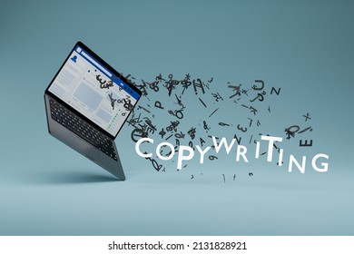 Copywriting for social media, letters flying out of a laptop. 3D Illustration - Powered by Shutterstock