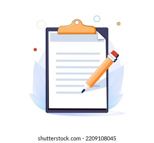 Copywriting, Writing Icon. Clipboard With Pencil And Text. Creative Writing And Storytelling, Education Concept. Business Documents Icon. Writing Education. Story  Illustration. Narrative Scene