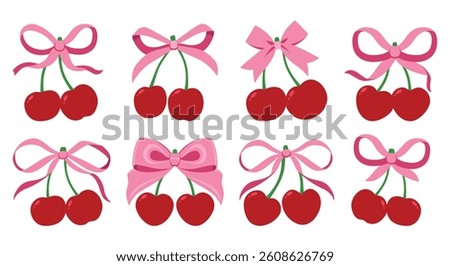 Coquette cherries with gift bow. Vector Illustration of pink girly vintage bows and cherry. Cherries with ribbon. Cute trendy line art set. Ribbons isolated. Trendy girls accessories. Cute hairstyle d