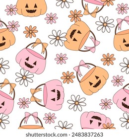 Coquette halloween pumpkin pails and daisy flowers seamless repeat pattern , Cute girly spooky season, printable digital paper background for fabric and wallpaper  - Powered by Shutterstock