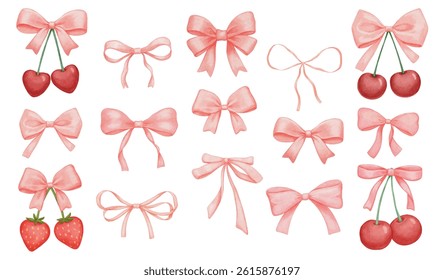 Conjunto de dibujos de arco rosa Coquette, ilustración de acuarela aislada, linda cinta de encaje rojo y cereza