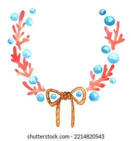 Coral, Bubble And Rope Bow Wreath Watercolor For Decoration On Summer Christmas Holiday.