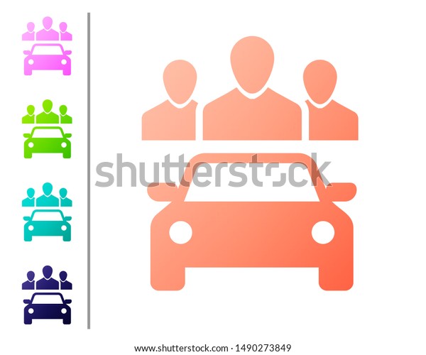 Coral Car sharing with group of people icon\
isolated on white background. Carsharing sign. Transport renting\
service concept. Set color\
icons