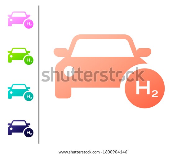 Coral Hydrogen car icon isolated on white\
background. H2 station sign. Hydrogen fuel cell car eco environment\
friendly zero emission. Set color icons.\
