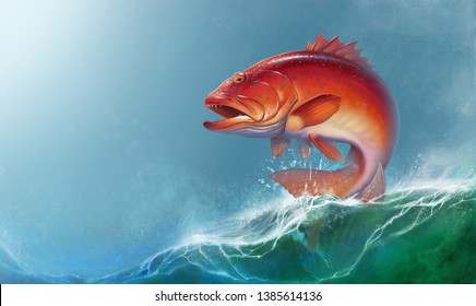 Coral trout on against the backdrop of sea waves. Leopard coral groupe, or leopard coral trou realistic illustration.