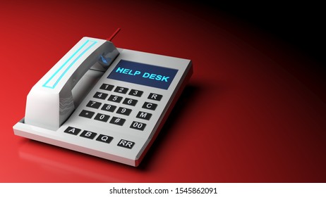 Cordless telephone with blue write HELP DESK, on a red desk - 3D rendering illustration