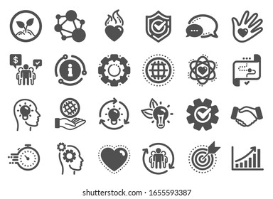 Core values icons. Integrity, Target purpose and Strategy. Trust handshake, social responsibility, commitment goal icons. Growth chart, innovation, core values network. Quality set.