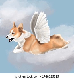 Corgi dog with white wings flies among the clouds