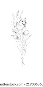 Corgi With Orchids And Sentences. Tattoo Design