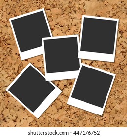 Cork Board With Five Scattered Blank Instant Photo Cards