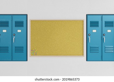 Cork Board With Thumbtacks On The Wall Next To School Lockers. School Bulletin Board. 3d Rendering