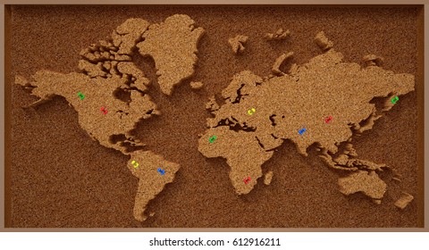 Cork Board World Map 3D Rendering