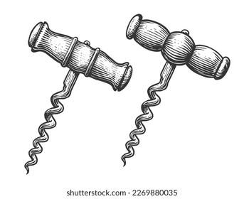 Tornillo para botella de vino. Esbozo de concepto de vino. Ilustración grabada en color negro