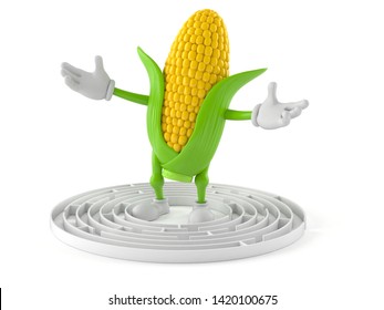 Corn character inside maze isolated on white background. 3d illustration