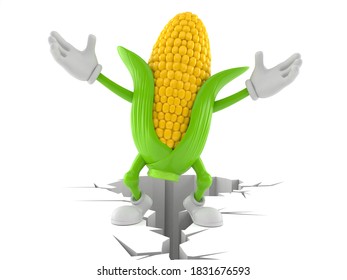 Corn character standing on cracked ground isolated on white background. 3d illustration