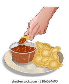 Corn Chips Or Potato Chips Dipping In A Cup Of Salsa Dip On A Plate