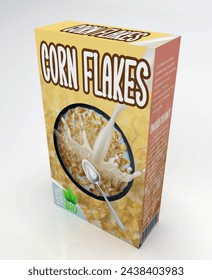 Corn Flakes packaging design concept, cereal paper Packing. isolated on a white background. 3D rendering illustration
