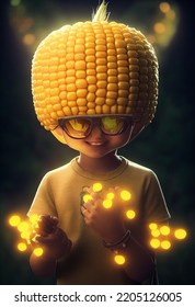 Corn Man, Kid Character With Corn Hat And Corn Face. 3D Design, Digital Art. Cartoon, Comic, Kids Animation. Photo Realistic, Concept Art, Cinematic Light, Background, Wallpaper, Illustration