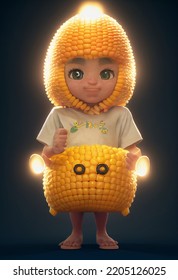 Corn Man, Kid Character With Corn Hat And Corn Face. 3D Design, Digital Art. Cartoon, Comic, Kids Animation. Photo Realistic, Concept Art, Cinematic Light, Background, Wallpaper, Illustration