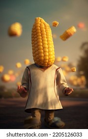 Corn Man, Kid Character With Corn Hat And Corn Face. 3D Design, Digital Art. Cartoon, Comic, Kids Animation. Photo Realistic, Concept Art, Cinematic Light, Background, Wallpaper, Illustration