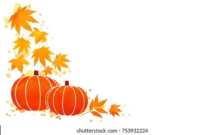 Corner Border Of Orange And Red Autumn Leaves And Pumpkin On Abstract Watercolor Paint Spots With Copy Space White Background. Digital Art Painting For Thanksgiving Or Fall Season Design.