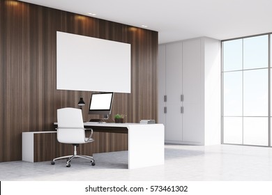 Corner Of A CEO Office With Dark Wooden Walls, Panoramic Window, A Horizontal Poster And A Table With A Computer On It. 3d Rendering. Mock Up. 