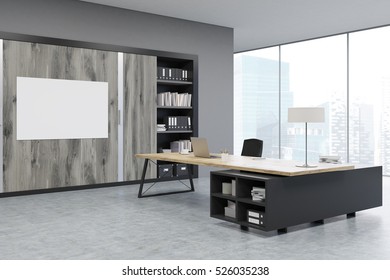 Corner Of A CEO Office With Large Wooden Doors, Panoramic Windows, Big Wooden Table And A Bookcase. 3d Rendering. Mock Up. 