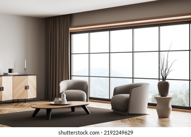 Corner close up view on bright living room interior with panoramic window, coffee table, armchairs, carpet, white wall, books, crockery, oak hardwood floor. Concept of minimalist design. 3d rendering