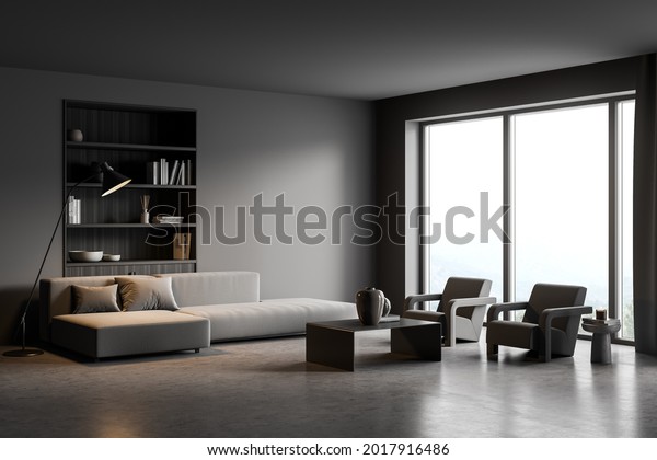 Corner Dark Living Room Interior Panoramic Stock Illustration ...