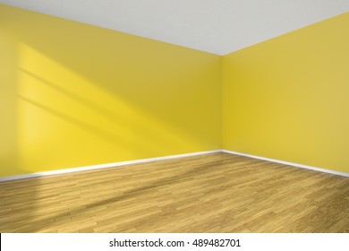 Corner Of Empty Room With Yellow Walls, Hardwood Parquet Floor And Sunlight From Window On The Wall, Minimalist Interior, 3d Illustration