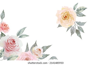 Corner floral frame of creamy red and pink roses and one beige rose and leaves isolated on white background. Hand drawn watercolor illustration. Copy space.