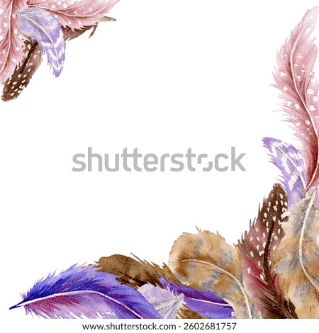 Corner frame of different color feathers with different vibrant by watercolor