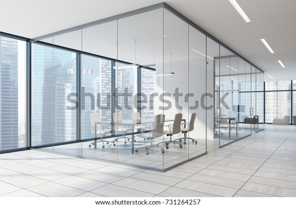 一个玻璃墙会议室的角落 一个木地板 全景窗户和一个长桌子与它周围的白色扶手椅 3d 渲染模拟库存插图