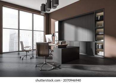 Corner Of Grey And Brown Office Interior With Desk, Stylish Niche, Cabinets, Panoramic View, Three Rolling Chairs And Concrete Floor. Concept Of Modern CEO Work Place Design. No People. 3d Rendering