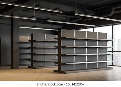 Corner Of Industrial Style Supermarket Or Warehouse With Empty Grey Shelves And Concrete Floor. Concept Of Consumerism And Storage. 3d Rendering