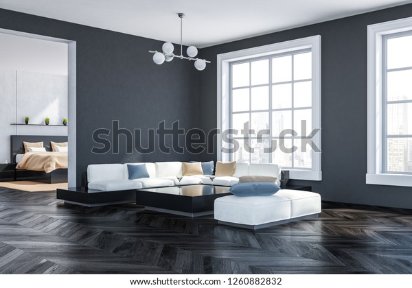 Corner Living Room Gray Walls Dark Stock Illustration 1260882832