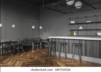 Corner Of Loft Style Pub With Gray Walls, Dark Wooden Floor, Square Tables And Bar Counter With Stools. 3d Rendering