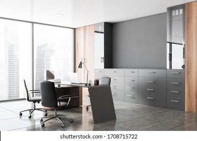 Corner of luxury CEO office with gray and wooden walls, tiled floor, computer table with chairs for visitors and bookcases with folders. Concept of management. 3d rendering