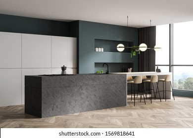 Corner of luxury kitchen with green walls, wooden floor, stone island with built in sink and cooker, white cupboards and bar with beige stools. 3d rendering