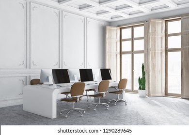 Corner of luxury open space office with white walls, gray hexagonal pattern floor, futuristic long white table with computers and brown chairs and windows with shutters. 3d rendering