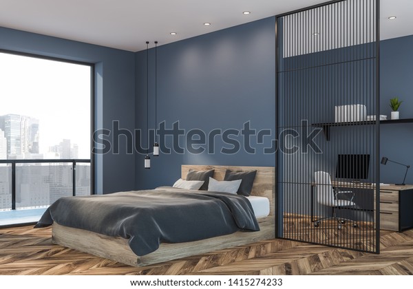 Corner Master Bedroom Blue Walls Wooden Stock Illustration